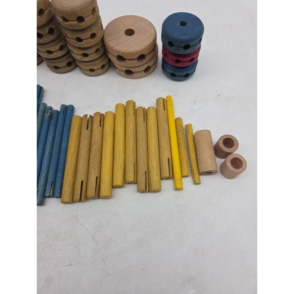 VTG Lot of 57 Piece Set Wooden Tinker Toys Rods Sticks Connections & Spools